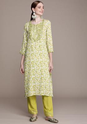 Yellow Printed Viscose Kurta Set