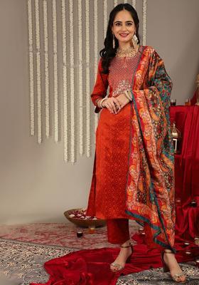 Rust Embroidered Silk Blend Kurta Set