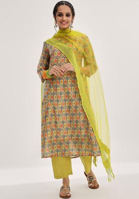 Lime Green Printed Silk Kurta Set