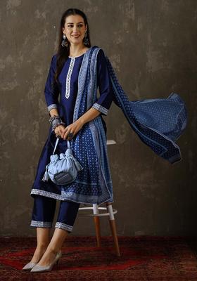 Blue Yoke Design Silk Blend Kurta Set