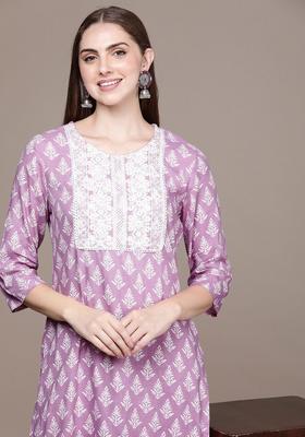 Purple Printed Viscose Kurta Set