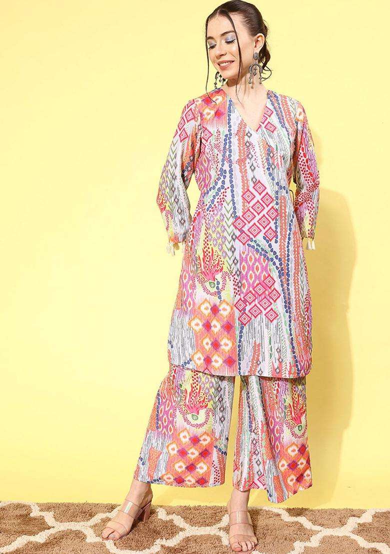 Grey Printed Viscose Kurta Set - Indya