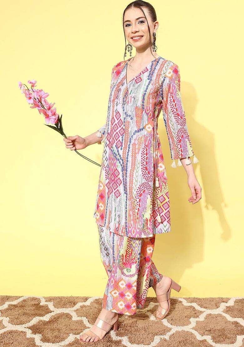 Grey Printed Viscose Kurta Set - Indya