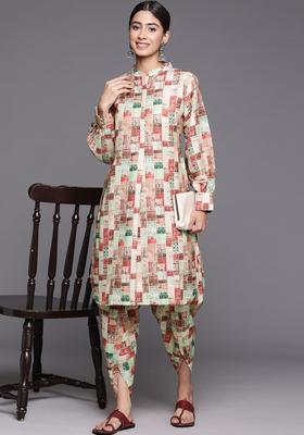 Beige Printed Viscose Kurta Set