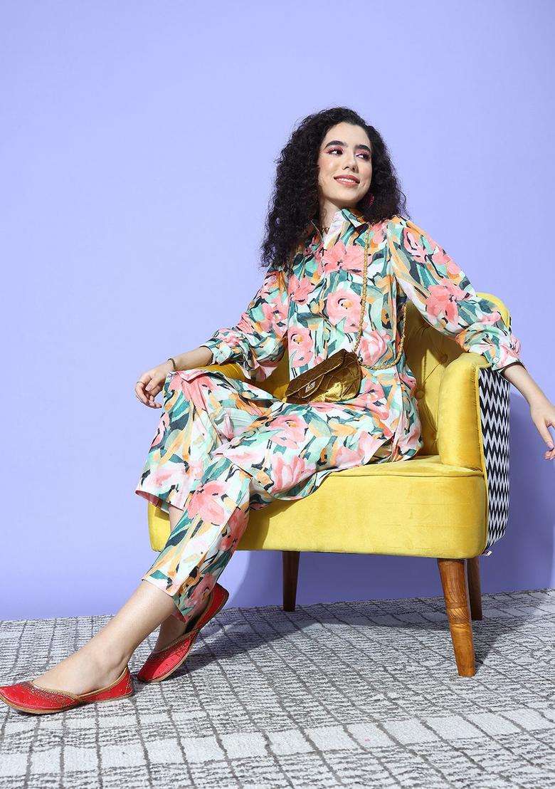 Multicolor Printed Cotton Kurta Set - Indya