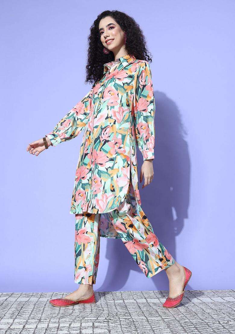 Multicolor Printed Cotton Kurta Set - Indya
