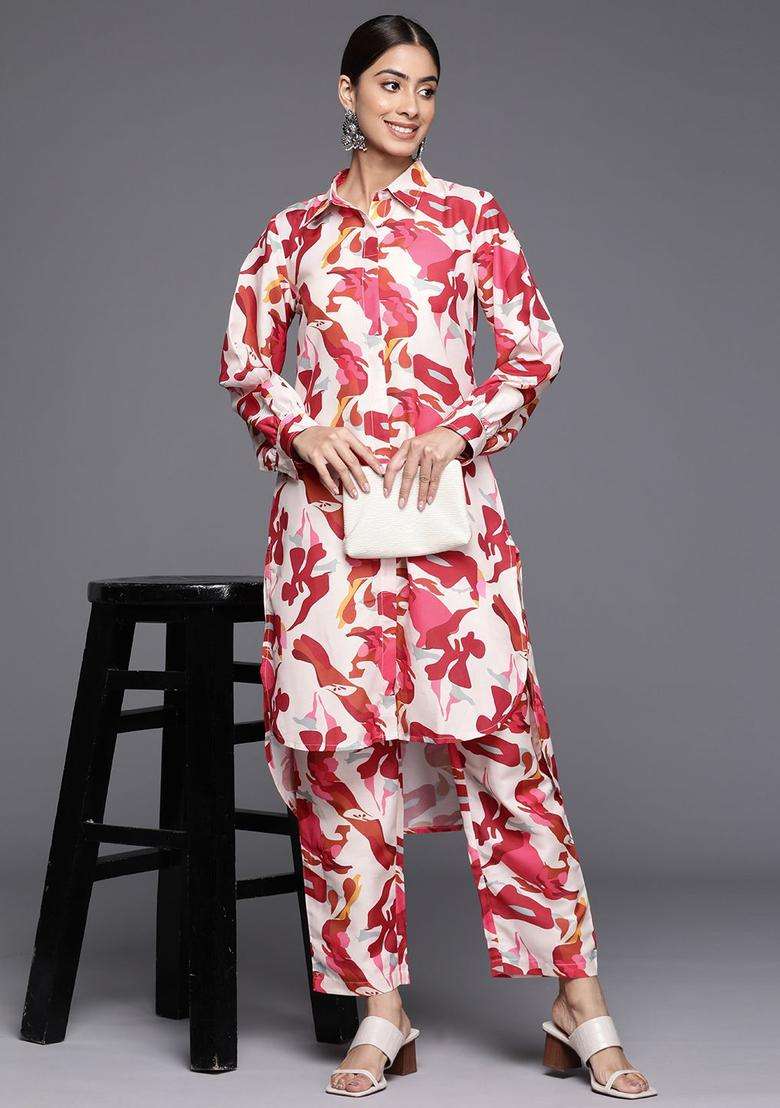 Cream Printed Cotton Kurta Set - Indya