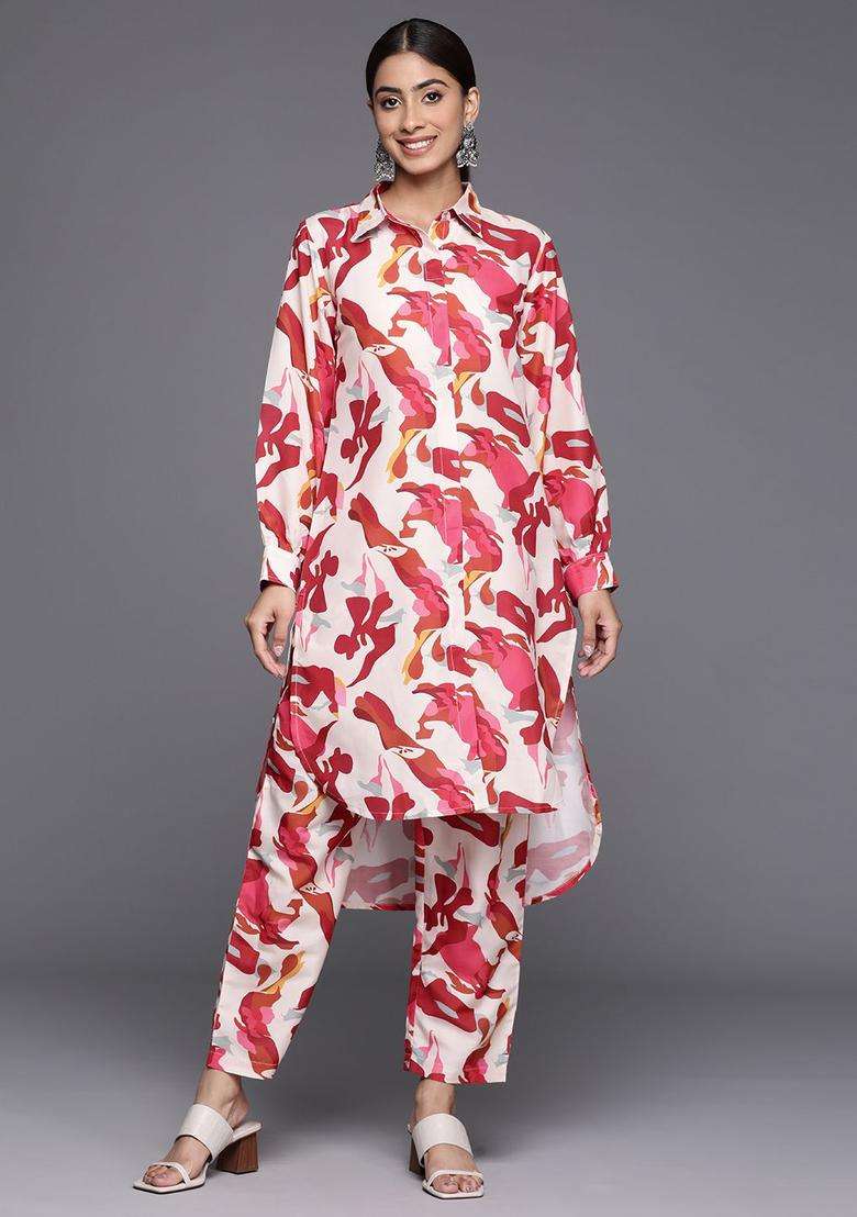 Cream Printed Cotton Kurta Set - Indya