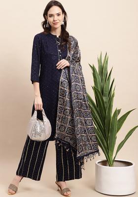 Navy Blue Embroidered Viscose Kurta Set