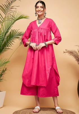 Fuchsia Solid Cotton Kurta Set