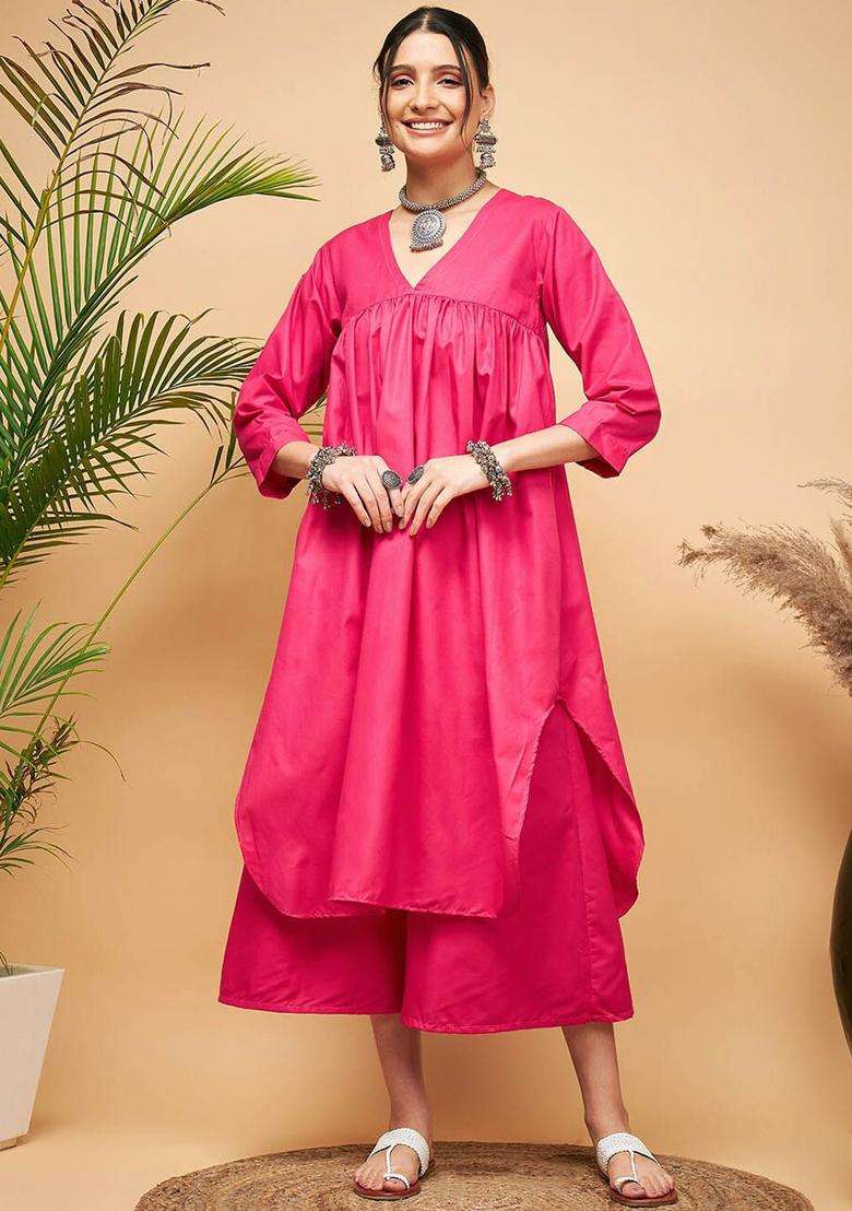 Fuchsia Solid Cotton Kurta Set - Indya