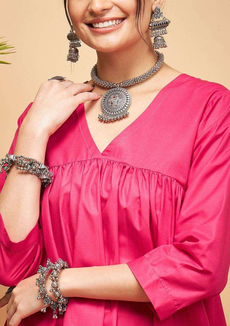 Fuchsia Solid Cotton Kurta Set - Indya