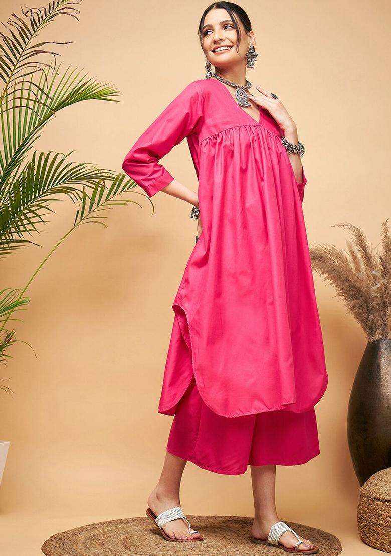 Fuchsia Solid Cotton Kurta Set - Indya