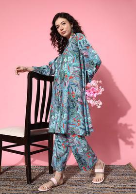 Sea Green Printed Viscose Kurta Set