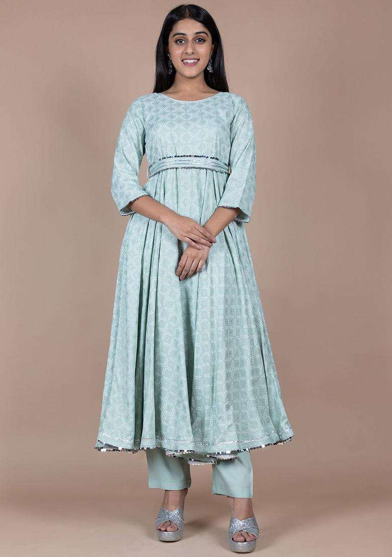 Sea Green Printed Viscose Anarkali Set - Indya