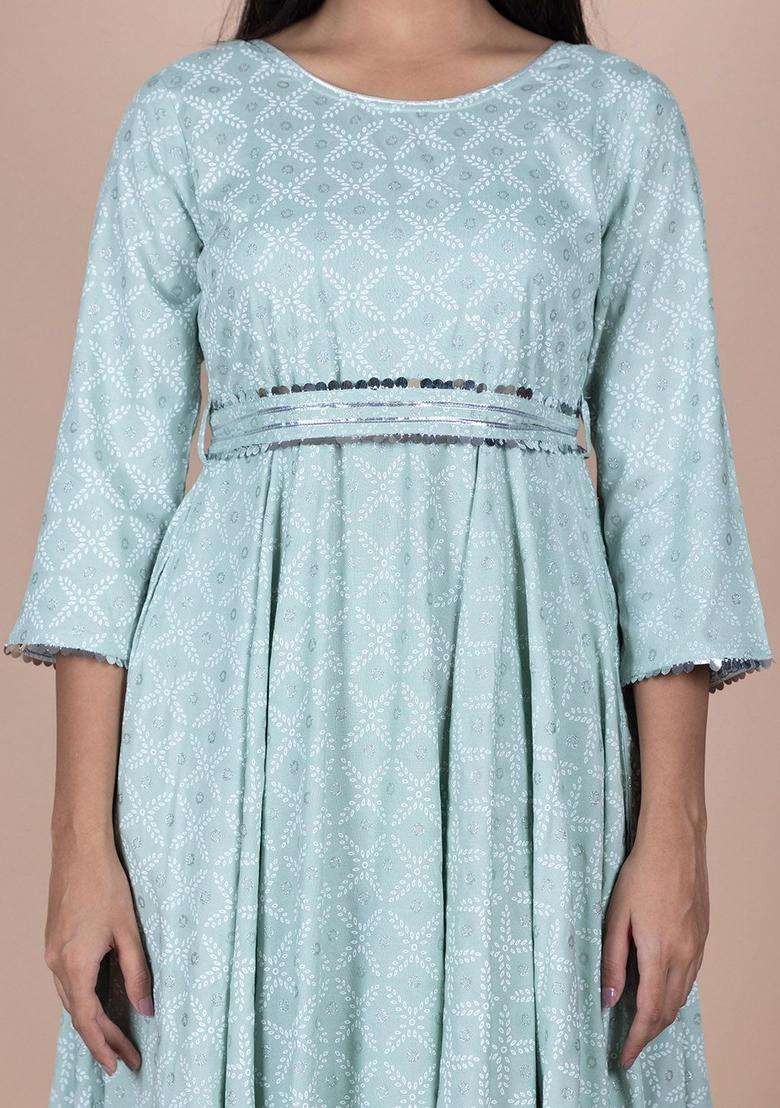 Sea Green Printed Viscose Anarkali Set - Indya