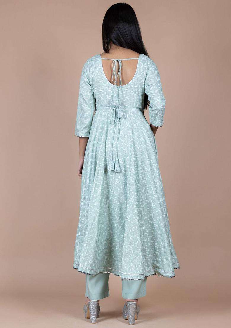 Sea Green Printed Viscose Anarkali Set - Indya