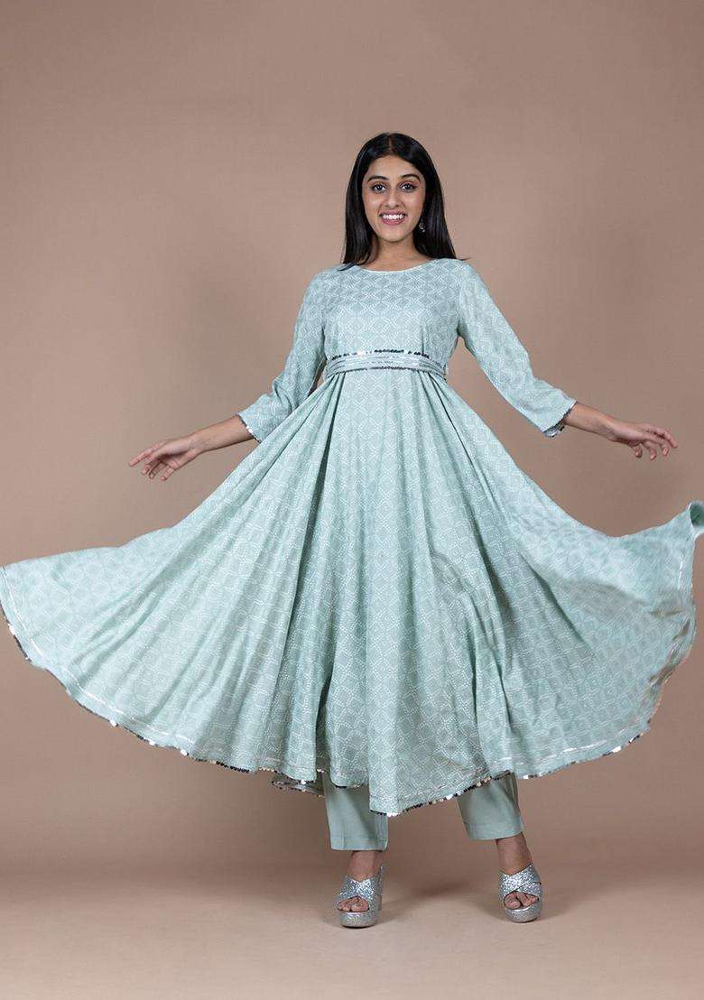 Sea Green Printed Viscose Anarkali Set - Indya