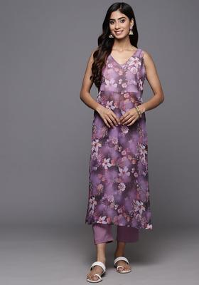 Purple Printed Silk Kurta Set