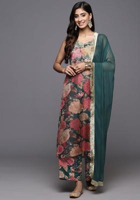 Green Printed Silk Kurta Set