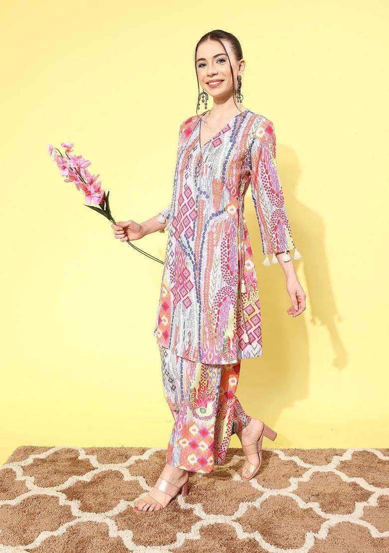Multicolor Printed Viscose Kurta Set - Indya