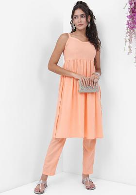 Peach Printed Polyester Kurta Set