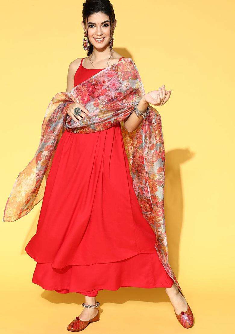 Red Solid Viscose Kurta Set - Indya