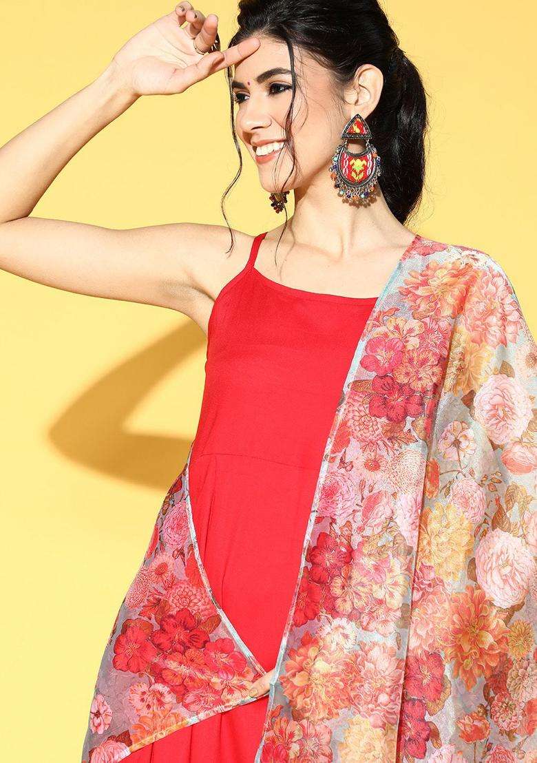 Red Solid Viscose Kurta Set - Indya