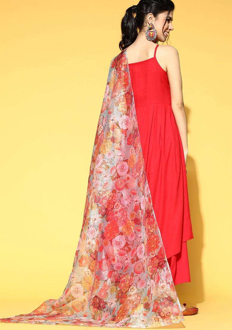 Red Solid Viscose Kurta Set - Indya