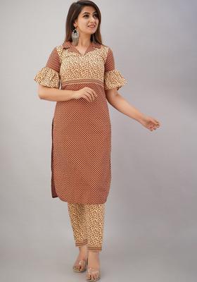 Beige Printed Cotton Kurta Set