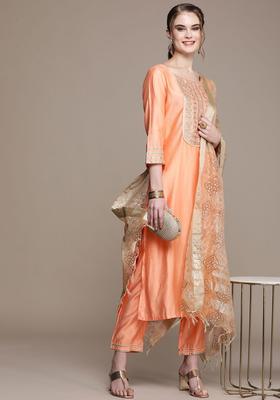 Peach Yoke Design Cotton Kurta Set
