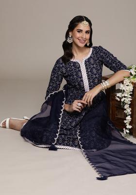 Navy Blue Printed Cotton Kurta Set