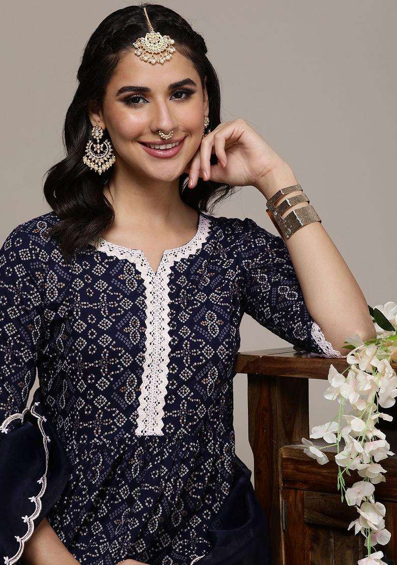 Navy Blue Printed Cotton Kurta Set - Indya
