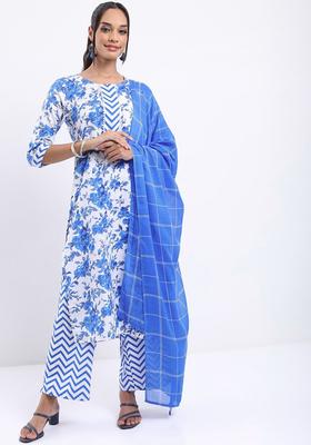 Off White Printed Polyester Kurta Set