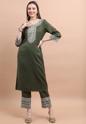 Olive Yoke Design Polyester Kurta Set