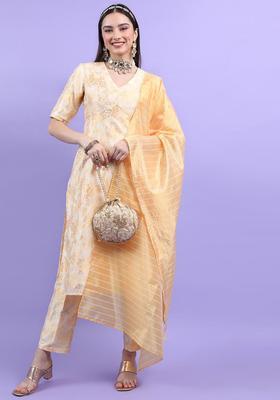 Off White Printed Polyester Kurta Set