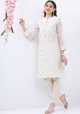Cream Printed Polyester Kurta Set