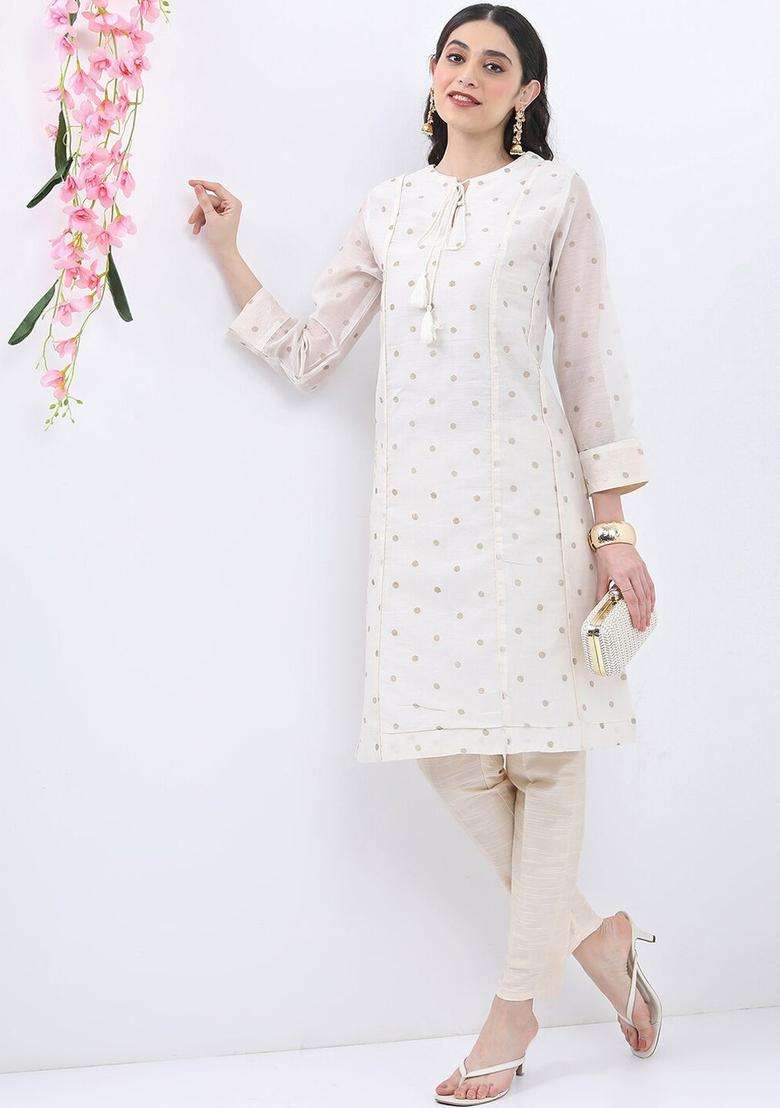 Cream Printed Polyester Kurta Set - Indya
