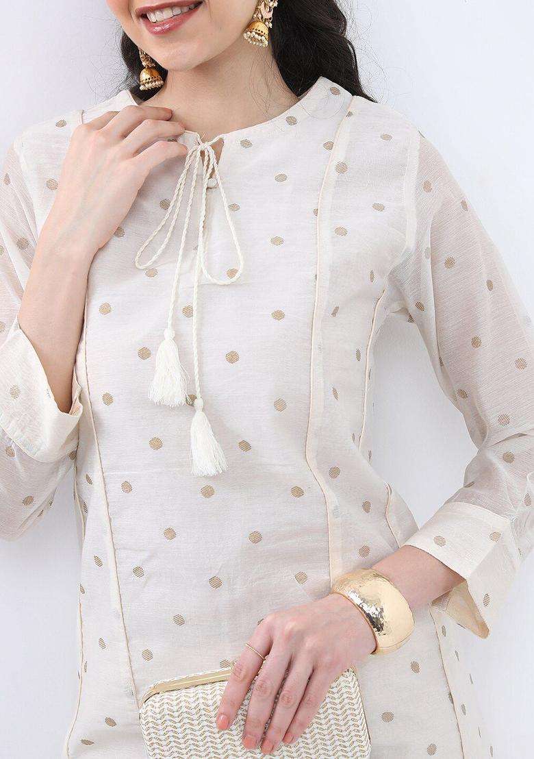Cream Printed Polyester Kurta Set - Indya