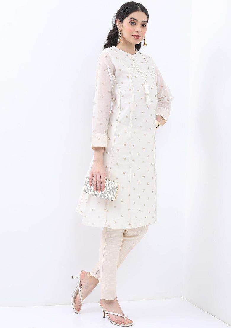 Cream Printed Polyester Kurta Set - Indya