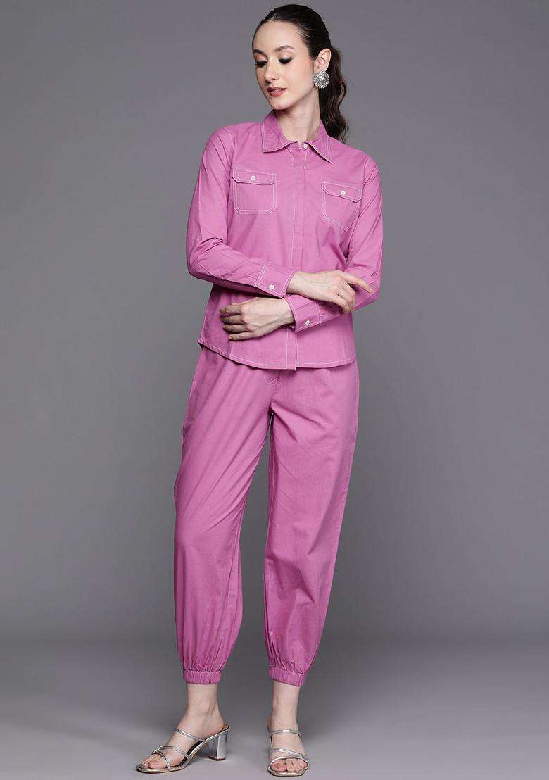 Lavender Solid Cotton Kurta Set - Indya