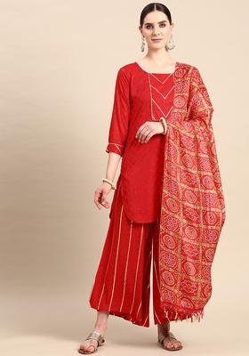 Red Embroidered Viscose Kurta Set