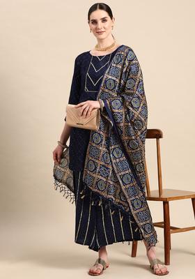 Navy Blue Embroidered Viscose Kurta Set