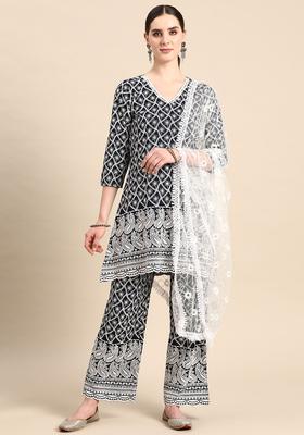 Navy Blue Embroidered Viscose Kurta Set