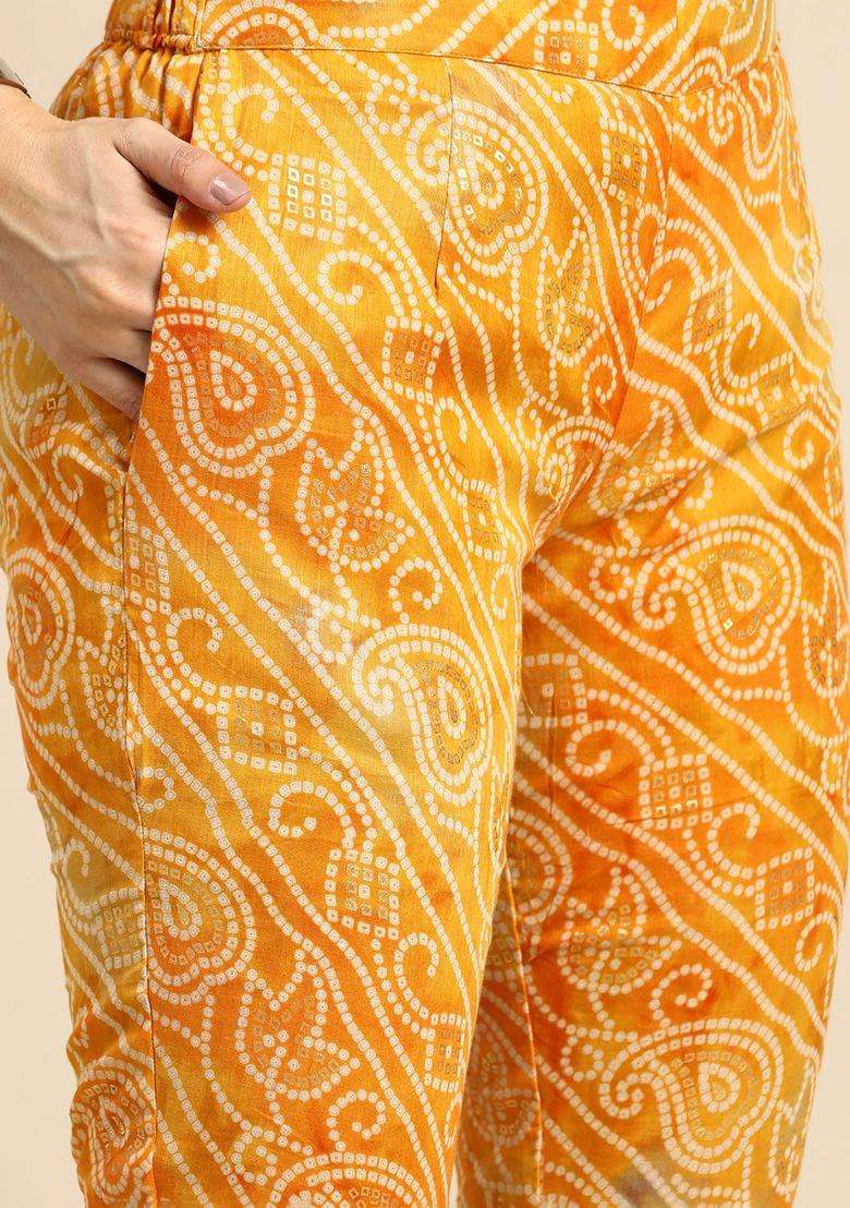 Mustard Printed Cotton Kurta Set - Indya
