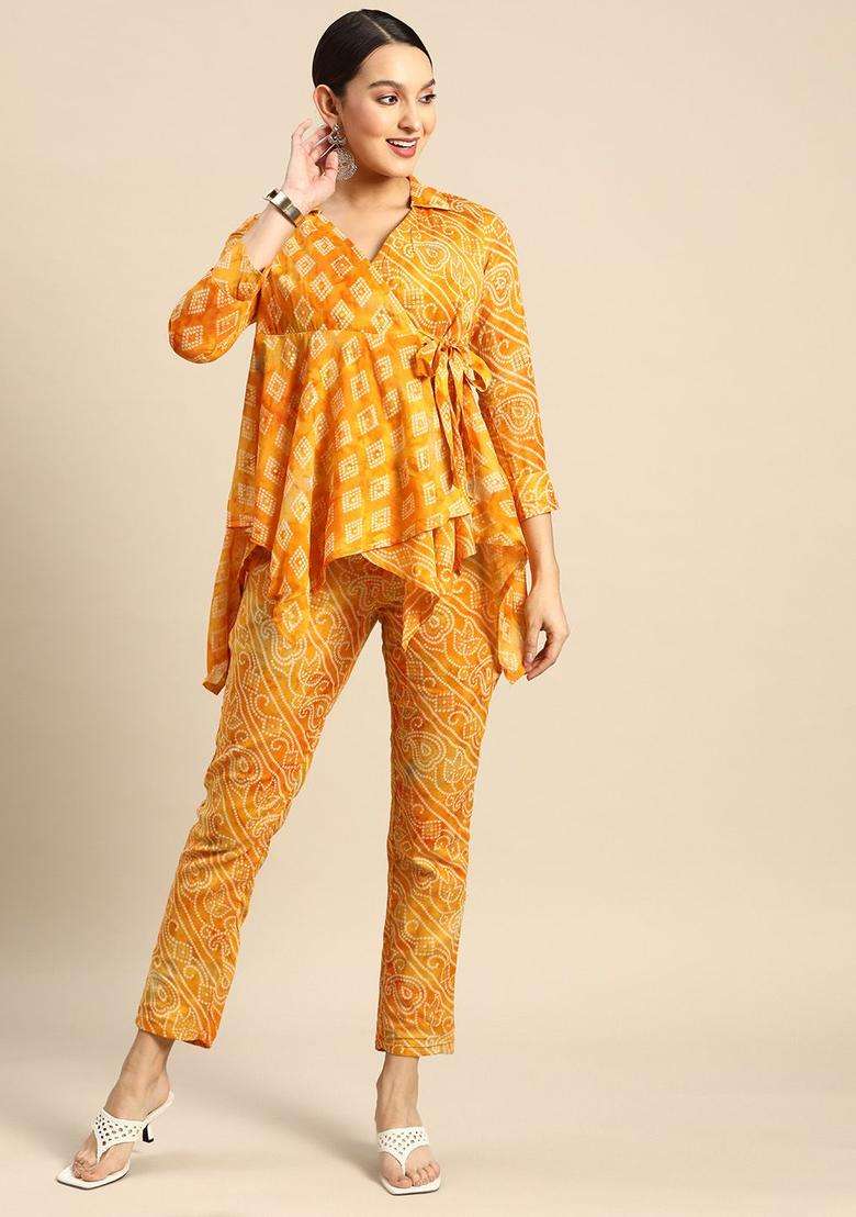 Mustard Printed Cotton Kurta Set - Indya