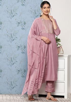 Mauve Embroidered Silk Blend Kurta Set