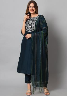 Navy Blue Yoke Design Silk Blend Kurta Set
