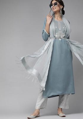 Blue Solid Silk Kurta Set