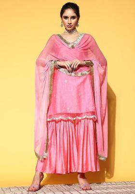 Pink Embroidered Organza Sharara Set
